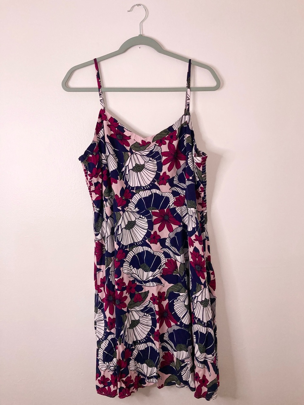 LOFT Navy Blue Pink Floral Tropical Poppy Art Cami Slip Sundress 16 EUC Y2K
